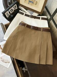 SHEIN Franclia Fashionable Casual Versatile A-Line Design With Belt Women's Spring/Summer Skirt - Khaki - View 1