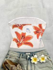 INAWLY Women's Floral Print Vacation Style Bandeau Top - Orange - View 2