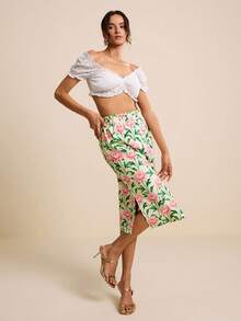 LOTSLUV 女士春夏粉色碎花印花半身裙，侧开衩 - 綠色 - 查看 6