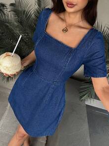 SHEIN 女士方领休闲日常约会外出牛仔连衣裙 - 藍色 - 查看 5