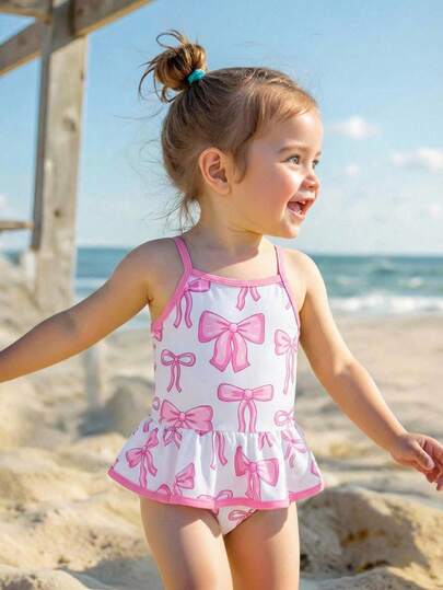 SHEIN 女婴蝴蝶结装饰修身休闲泳衣