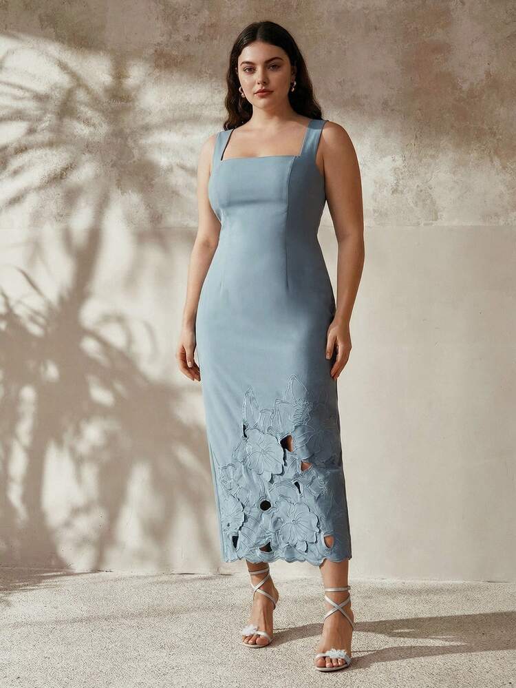 Spring/Summer New Vacation Style Elegant Floral Embroidered Sleeveless Midi Dress With Back Slit, Suitable For Plus Size Women