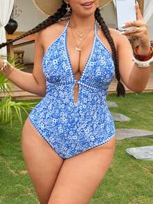 Swim Mod 2026 New Women's Summer Fashion One-Piece Swimsuit, Halter Neck Tie, Deep V-Neck, Fitted, High-Cut Leg, Ditsy Floral, Casual Vacation Swimwear - Blue - View 6