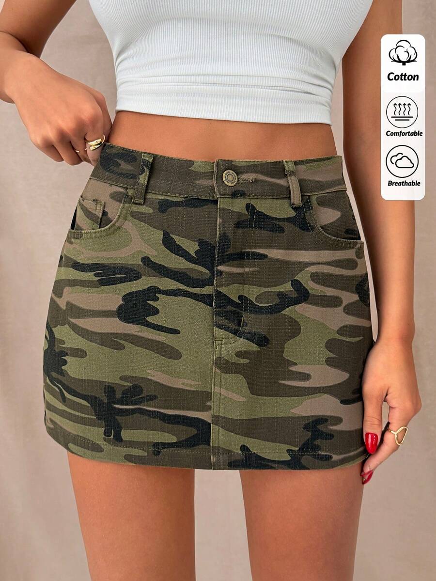 SHEIN Cottnline Low Rise, Comfort, Dark Green, Cotton Denim Shorts Music Autumn Casual - Multicolor - View 1