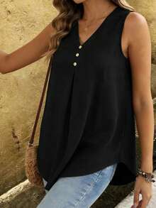 Linavere Áo tank top nữ thời trang thường ngày dáng rộng không tay cổ chữ V - Thiết kế cúc giả - Phong cách tối giản thanh lịch, phù hợp cho đi làm và mặc hàng ngày - Áo đen nữ - màu đen - Xem 6