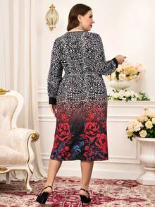 Miaspire Vestido de manga larga con cuello en V, estampado de flores de rosa y efecto degradado para tallas grandes - Negro - Ver 2