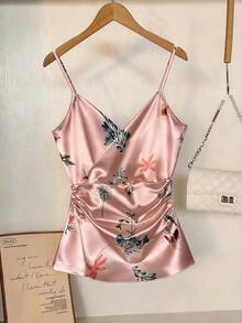 GlowEve Best-Selling Floral Print Vacation Camisole With Ruched Waist Detail, Slimming White Satin Summer Tank Top - Pink - View 5
