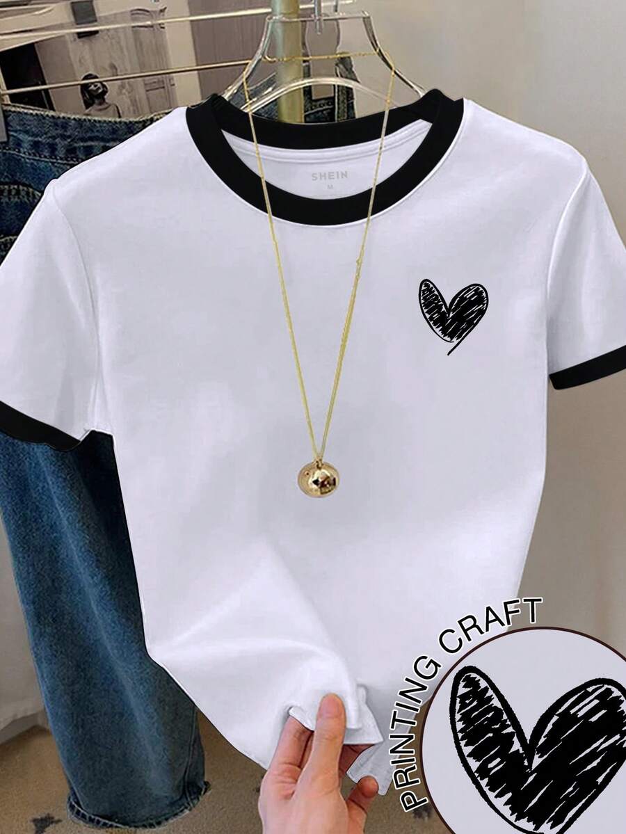 Resyla Women's Color Block Heart Print Round Neck Short Sleeve T-Shirt - White - View 1