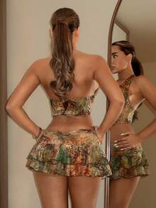 SHEIN ICON Neck Tie Vacation Style Printed Tank Top And Low Waist Mini Skirt Set - Multicolor - View 2