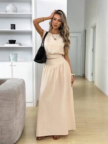 Easowa 圆领宽肩露背蝴蝶结短款衬衫搭配褶裥A字裙两件套，休闲宽松优雅的女士办公/度假套装，春夏女士优雅套装，女士长裙，优雅高贵的女士服装，女士连衣裙，正式服装，流行夏季套装，女士连衣裙，休闲套装，端庄连衣裙，长款女士夏季套装，可爱端庄连衣裙，长款可爱连衣裙，女士休闲连衣裙 - 杏色 - 查看 7