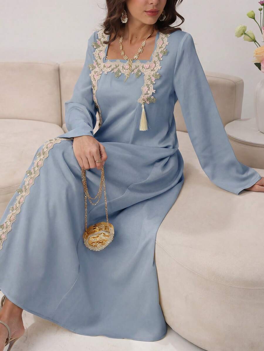Yasmyna 女士不对称刺绣宽松长袖黄色阿拉伯风格连衣裙 - 藍色 - 查看 1