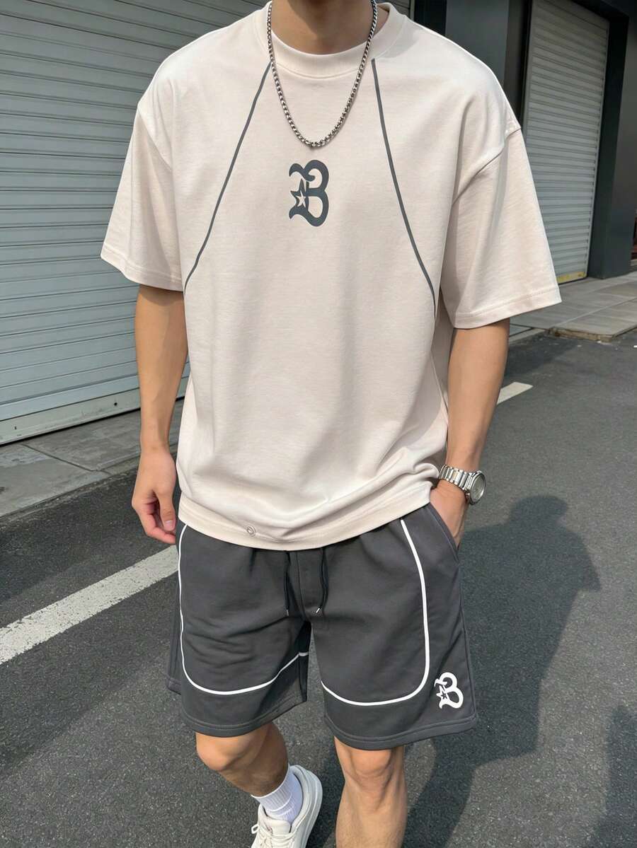 Manfinity Hypemode 男士字母印花圆领短袖休闲T恤和抽绳短裤套装，情人节，春夏，送给男友的礼物，狂欢节，复古，街头风，派对，圣帕特里克节，外出 - 彩色 - 查看 1