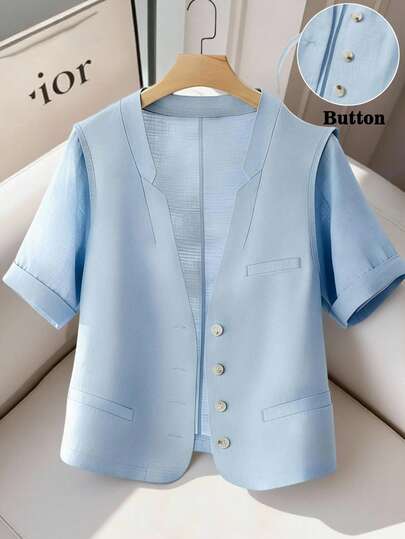 GlowEve CURVE Sky Blue V-Neck Short Plus Size Thin Blazer Light Blue Tops Baby Blue Tops Baby Blue Top Women Suits For Woman Set Blazer Set For Women