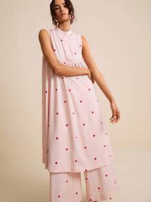 LOTSLUV Women's Spring/Summer Linen Fabric Asymmetrical Heart Embroidered Pink Sleeveless Round Neck Long Top And Cropped Pants 2-Piece Set - Baby Pink - View 5