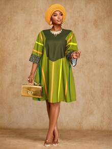 Brilight 女士优雅性感收腰连衣裙南非传统连衣裙派对聚会艺术印花流行色条纹短款连衣裙艺术写真拍摄连衣裙春夏女装 - 綠色 - 查看 6