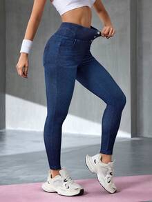 Flexra Denim Stretch Minimalista de Cor Sólida para o Dia a Dia das Mulheres - Azul - Visão 8
