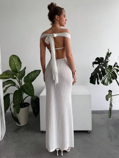 Rafferiza Đầm ôm dáng thanh lịch, hở vai, lưng trần, thắt nơ, chất liệu gợn sóng, dành cho nữ, mùa xuân/hè.