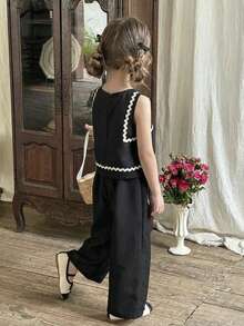 LMoss Kids 两件套少女纯色圆领吊带背心和宽松休闲裤套装 - 黑色 - 查看 2