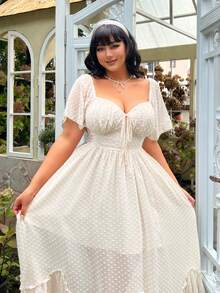 Sunspun Đầm dạ hội/công chúa thanh lịch mùa xuân/hè mới, chất liệu chiffon họa tiết chấm bi, kiểu dáng corset, tay bồng, dáng chữ A, eo thon, vạt bất đối xứng, viền bèo nhún, thích hợp cho nữ, đầm dự tiệc, đầm mùa xuân, đầm dạ hội, đầm sinh nhật. - Màu be - Xem 7