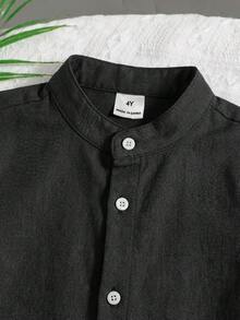 SHEIN LMoss 儿童 3 件套 男童休闲学院风纯色立领亚麻短袖衬衫，春夏儿童纯色衬衫夏季上衣 - 黑與白 - 查看 4
