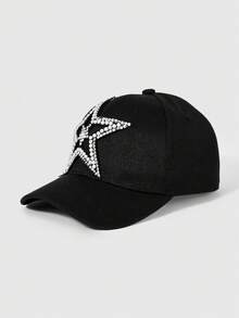 1 Gorra de béisbol con estampado de estrella y diamantes, sombrero de color negro sólido estilo Y2K, hebilla ajustable en la parte posterior, artículo de moda personalizado para uso diario - Blanco y Negro - Ver 4