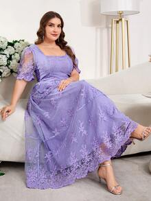 Reflora 大码女式蕾丝荷叶边优雅收腰派对连衣裙 - 紫色 - 查看 4