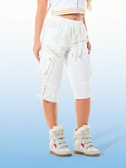 BABYPHAT Women's White Utility Style Capri Pants With Lace Up Hem Detail And Side Pockets For Spring Summer Casual Wear