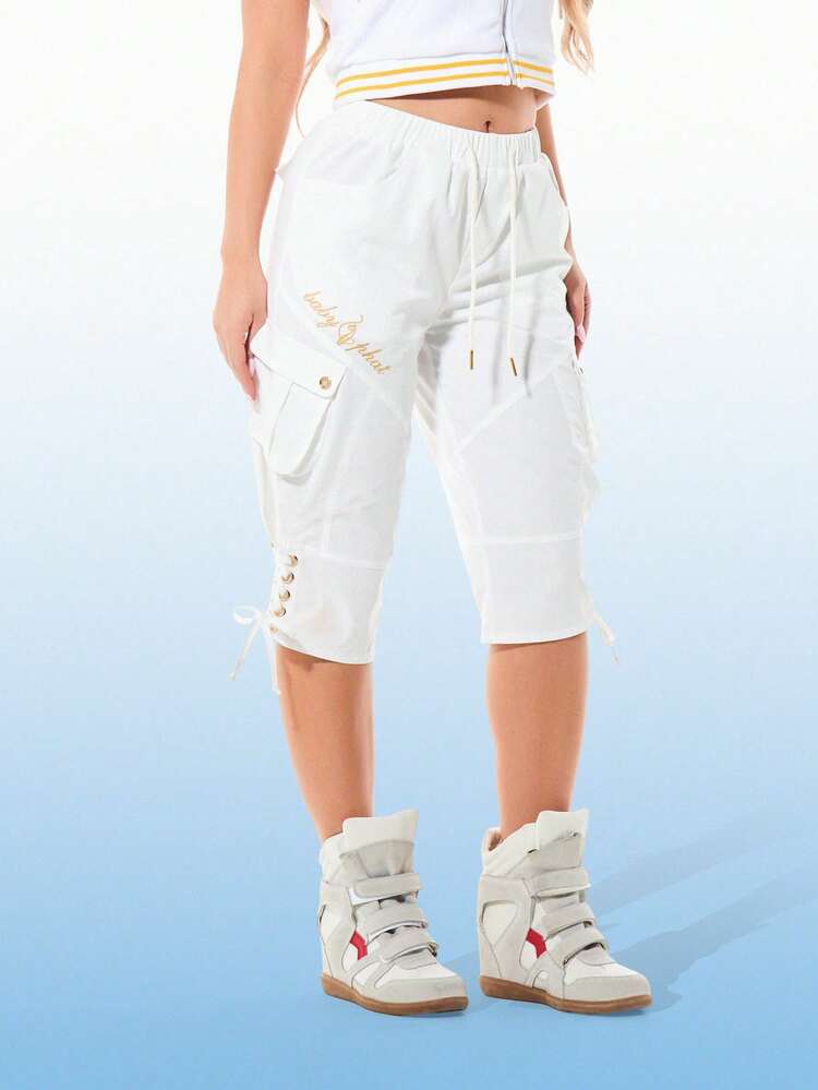 BABYPHAT Women's White Utility Style Capri Pants With Lace Up Hem Detail And Side Pockets For Spring Summer Casual Wear