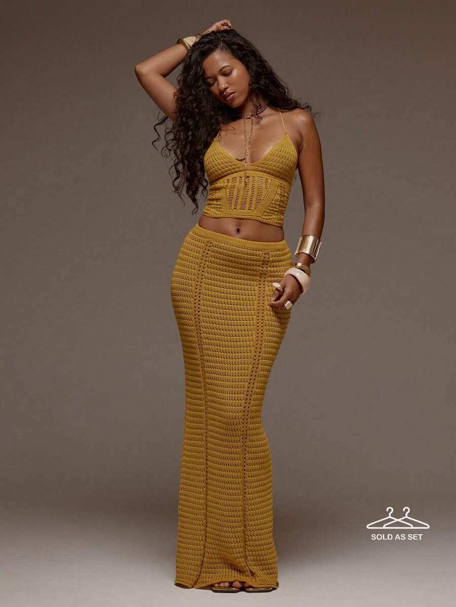 MUSERA Crochet Knit Fitted Cami Top And Maxi Skirt Set Co-Ord Spring Summer Holiday Vacation Beach Ibiza Festival Party Elegant Divinity - Gold - View 1