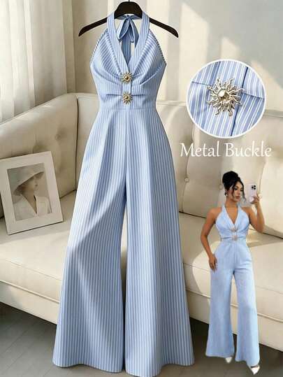Franclia 女士蓝白条纹露背吊带连体裤，带搭扣装饰，腰部收紧，阔腿设计，适合春夏外出、音乐节、海滩度假和日常通勤。