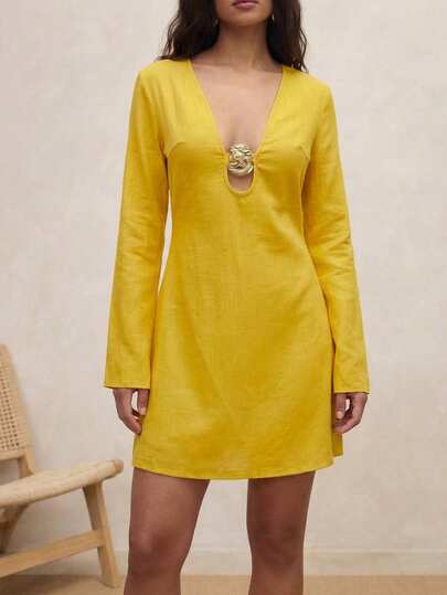  MAIJA 休闲条纹花瓣袖纽扣迷你连衣裙