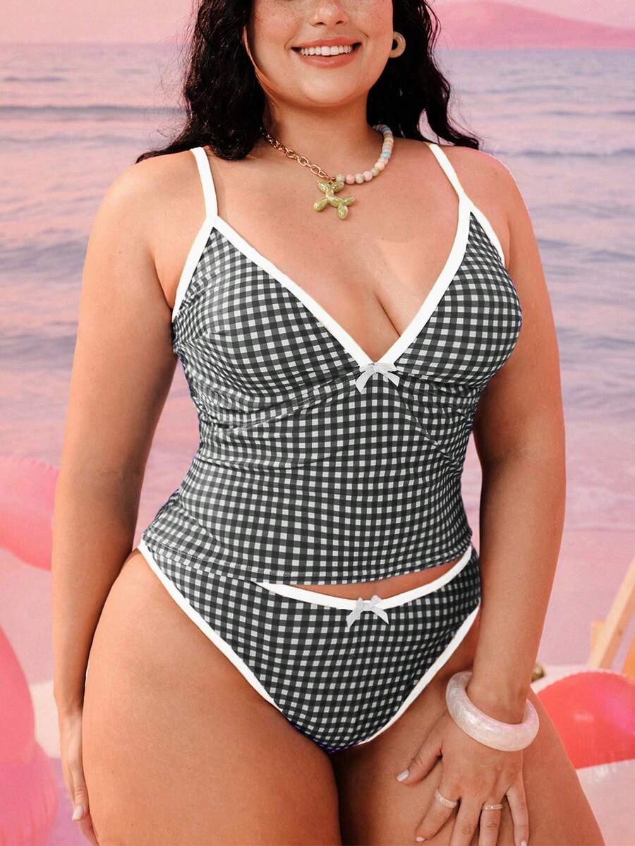Swim Mod 2026新款加大码女式两件套几何印花时尚休闲泳衣，可调节加粗肩带高腰高衩三角比基尼 - 黑與白 - 查看 1