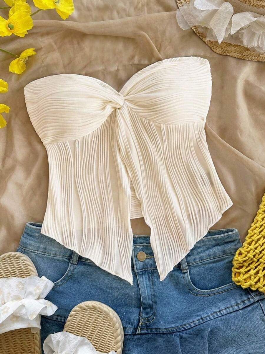 SHEIN 少女休闲度假简约舒适不对称下摆扭结开衩纹理面料抹胸吊带衫 - 杏色 - 查看 1