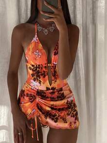 Swim SXY Áo tắm một mảnh gợi cảm cổ chữ V hở lưng, in họa tiết hoa và đính hạt cườm dành cho nữ, thích hợp cho kỳ nghỉ biển. - Nhiều màu - Xem 8