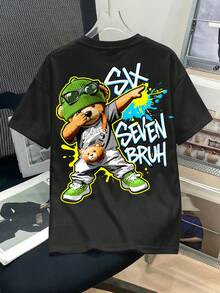 适合青少年男孩的休闲简约圆领短袖T恤，夏季穿着，经典酷炫卡通勇敢熊图案印花，经典街头六七字印花，背面印花 - 黑色 - 查看 3