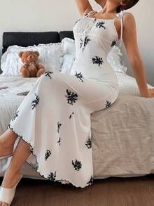Napfluff 女士印花吊带荷叶边中长睡裙，春夏款 - 黑與白 - 查看 7