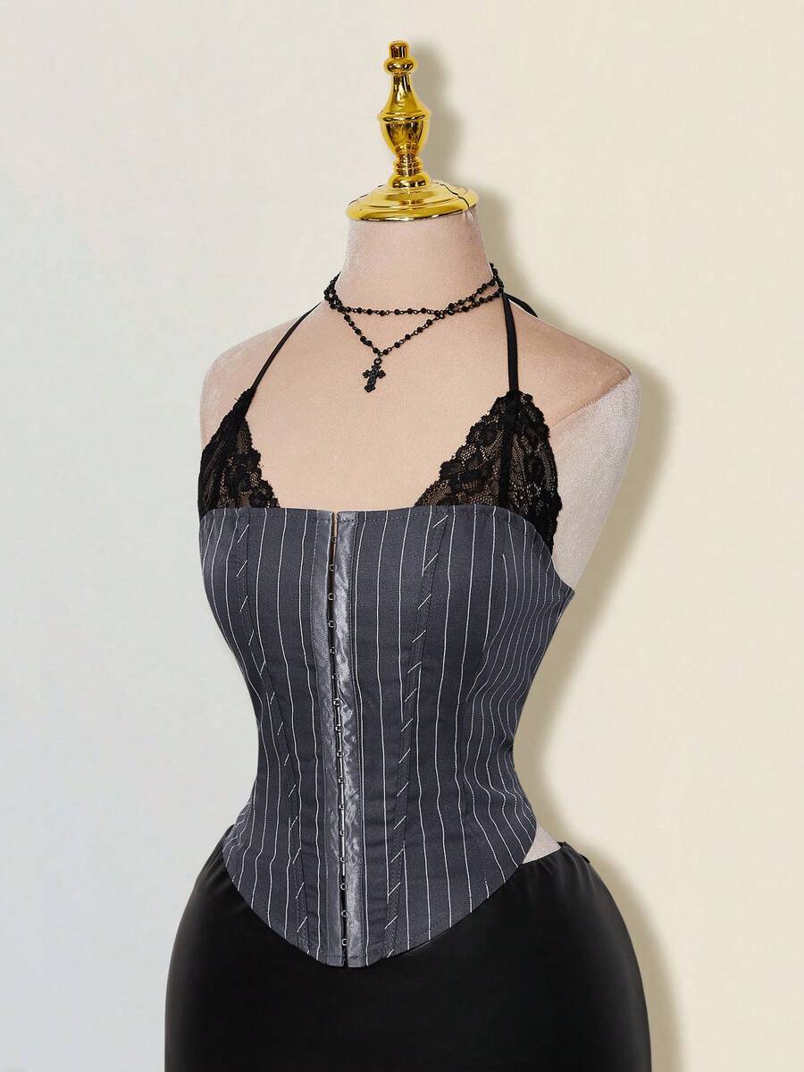 SHEIN ICON 女士条纹撞色蕾丝吊带背心 - 灰色 - 查看 1