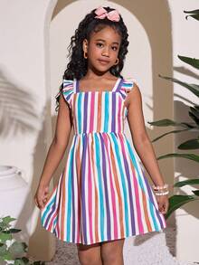 Tween Girl Casual Vacation Tropical Colorful Striped Print Flutter Sleeve Cutout Back Bow Tie Contrast Color Mini Dress - Multicolor - View 6