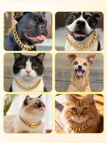 Strong Stainless Steel Dog Collar, Golden Cuban Chain, Buckle Lock, Pet Training Collar, Metal Necklace - Gold - View 7