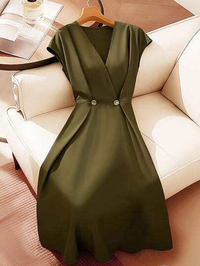 Franclia Women's Olive Green V-Neck Short-Sleeve A-Line Midi Dress – Fitted Summer Style | Versatile Spring-Summer Outfit For Office, Casual, And Vacation Wear