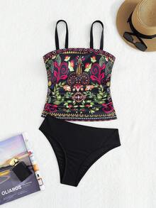 Swim Lushoire 女士优雅吊带比基尼上衣，印花图案，波西米亚风格，适合夏季海滩度假 - 黑色 - 查看 2