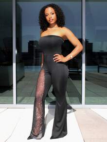 Steph T Women's Rhinestone Mesh Splice Strapless Jumpsuit - Black - View 6
