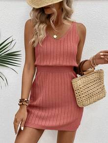 EMERY ROSE Fashionable Versatile Hollow Crochet V-Neck Women Sweater Dress - Pink - View 4
