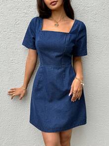 SHEIN 女士方领休闲日常约会外出牛仔连衣裙 - 藍色 - 查看 4
