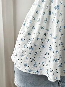 Sweetra Nueva camiseta de tirantes ajustada con estampado floral diminuto y fresco, versátil y dulce para el verano - Blanco - Ver 5