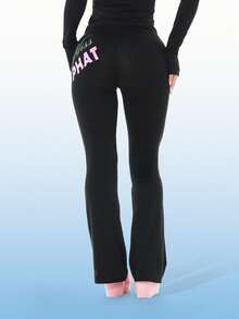 BABYPHAT Women Little Pink Slogan Jersey Flare Leg Black Leggings Retro Streetwear Bottom Casual Fall Winter Y2K Style - Black - View 2