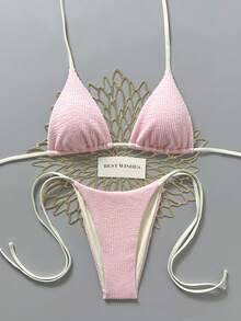 Swim Mod 2026 Spring/Summer Beige Spaghetti Strap Halter Neck Pink Pleated Textured Fabric Side High Cut Women's Bikini 2-Piece Set - Pink - View 1