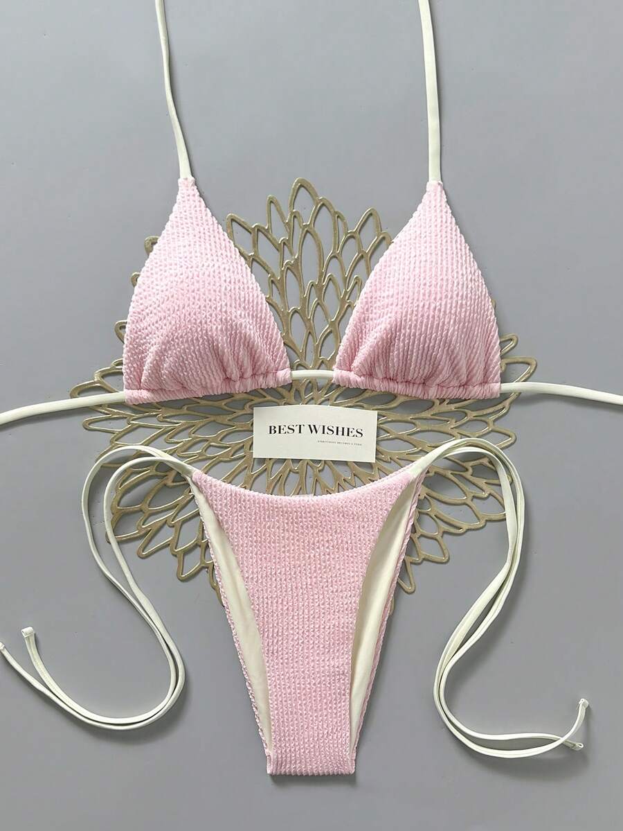 Swim Mod 2026 Spring/Summer Beige Spaghetti Strap Halter Neck Pink Pleated Textured Fabric Side High Cut Women's Bikini 2-Piece Set - Pink - View 1