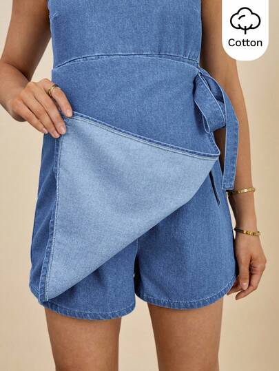 SHEIN Maternity Round Neck Side Knot Asymmetric Hem Denim Jumpsuit Spring To Summer Carnival Costume Commuting Vacation Graduation Chic Y2k Cute Streetwear Coquette Party Wedding Elegant Business Casual Woman Chic Women's Denim Maternity Jumpsuit Sleeveless Round Neck Wrap Overalls With Adjustable Tie Waist