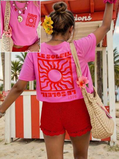 DrmWander Plus Size Casual Graphic Tee, Street Style Short Sleeve T-Shirt, Cute Summer Top, Vacation Vibe With Red Accents